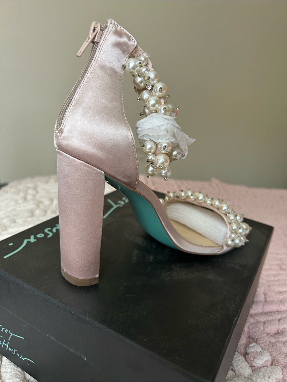 Betsey Johnson Blush Satin Pearl-Cluster High Heel Sandals - Picture 4 of 5